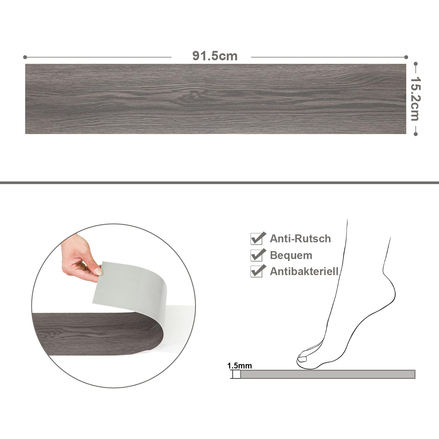 PVC Bodenbelag Vinylboden Selbstklebend, 91.5 cm x 15.2 cm x 1.5 mm, 5 m²/ 35 Fliesen Selbstklebende Vinyl-Fliesen wasserdicht, Holzoptik, für Küche, Badezimmer, Night Oak