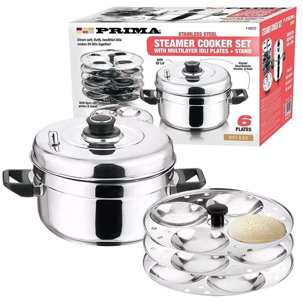 Stainless Steel Steamer Pan Cooker Set - with 6 Tier Idli Plates & Stand Cooking | Kitchenware, Multi Purpose, Household, Food Steaming | Cookware, Heat Resistant | Slow Cook
