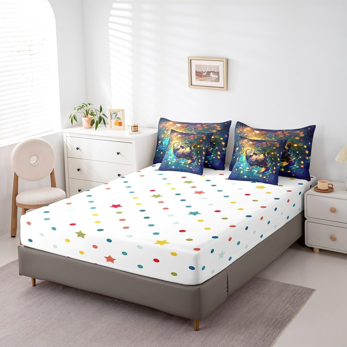7 Pieces Cute Otter Kids Comforter Twin,Stars Galaxy Pond Animals Rustic Farmhouse Bedding Set,Cartoon Sea Otter Romantic Blue（Comforter+Fitted+Flat Sheet+2 Pillowcases+2 Throw Pillow Covers）