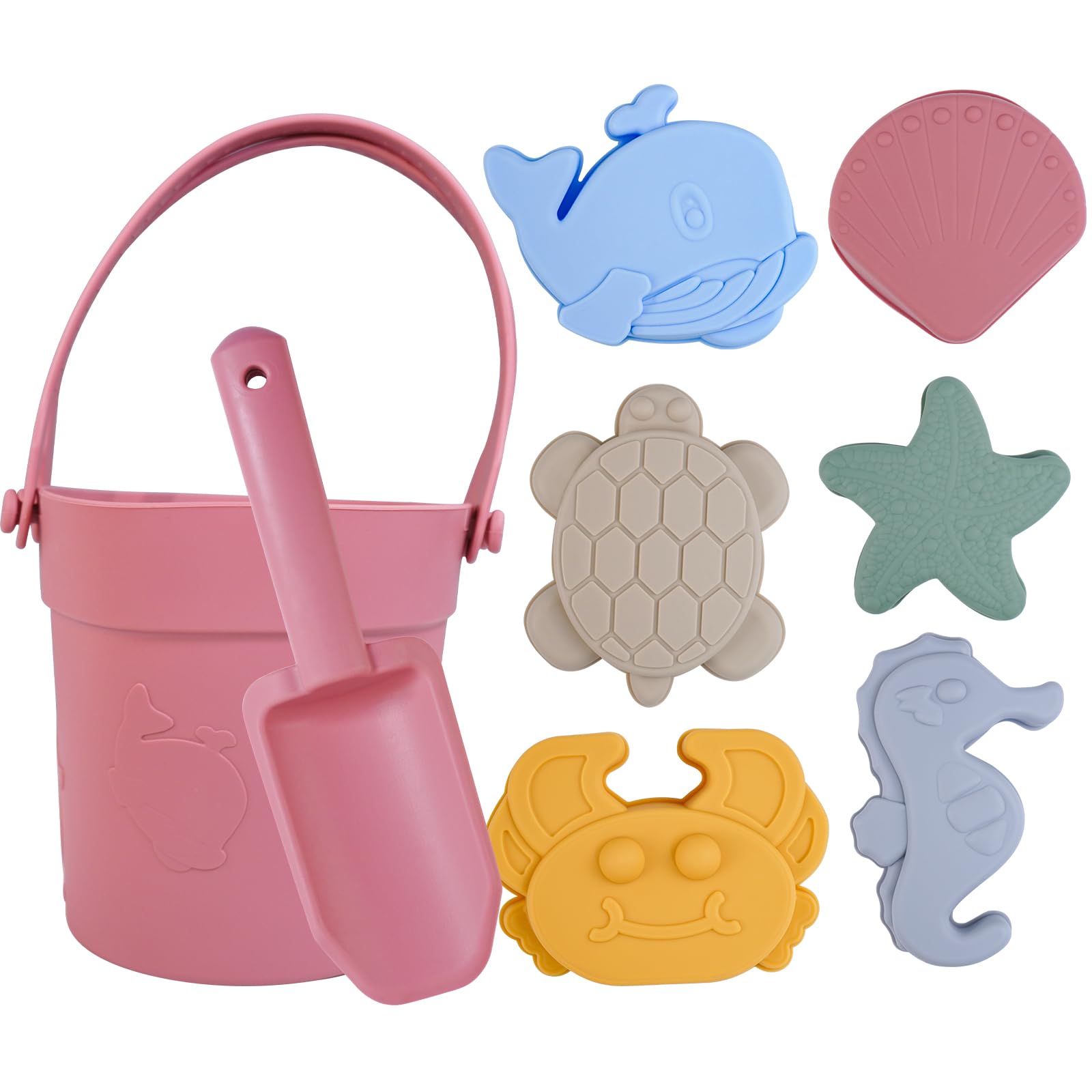 JasCherry Silicone Beach Toys Set, 8 Pcs Sand Toys for Kids, Non-Toxic Outdoor Water Play Set for Toddlers, Beach Bucket with Shovel, Animal Molds, Summer Vacation Essentials Outdoor Play (Wine Red)