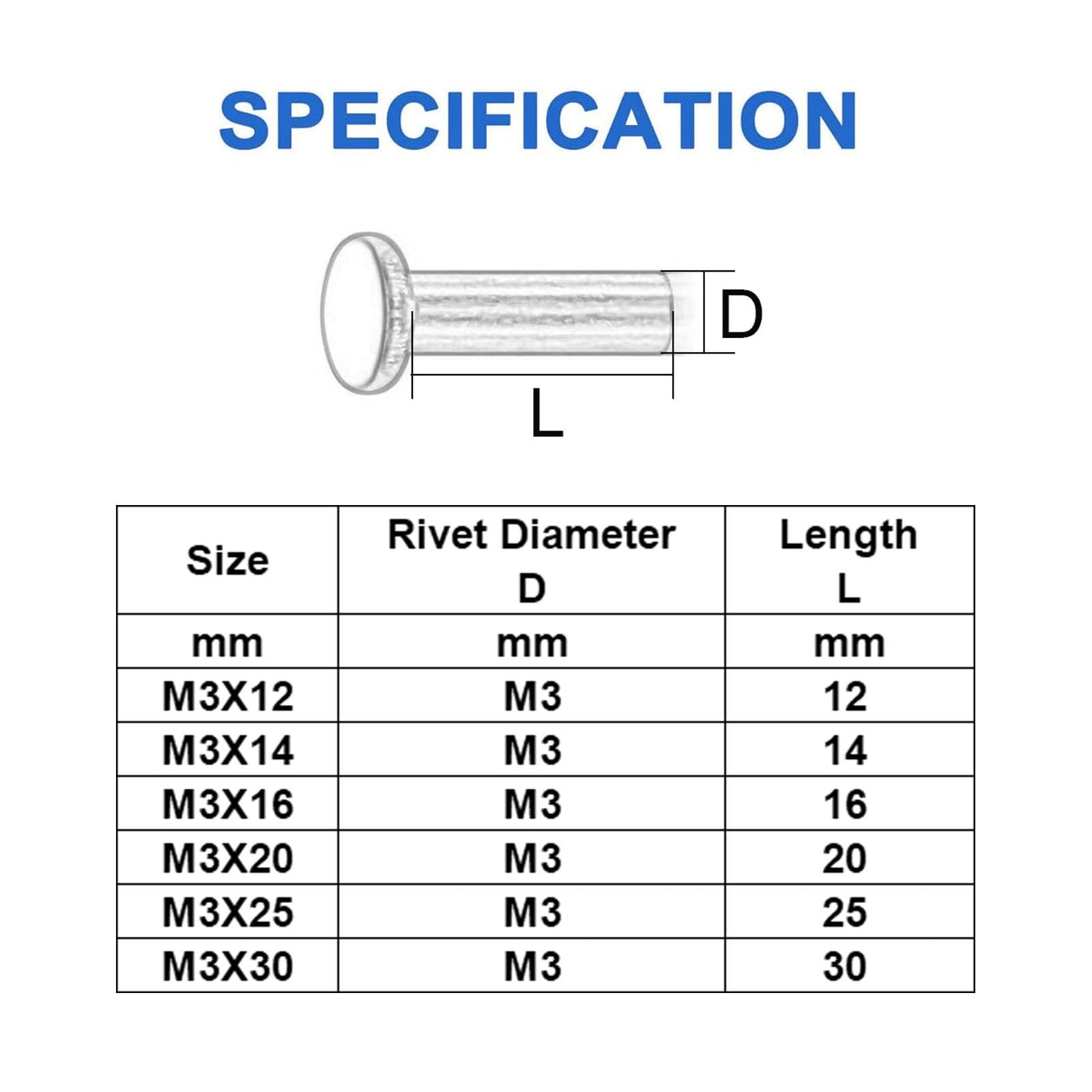 100 Pezzi Rivetti Massicci M3, Rivetti Massicci a Testa Piatta in Rame per Pala, Vanga, Forchetta, Rastrello, Zappa, Riparazione, Giardino(M3X30mm)