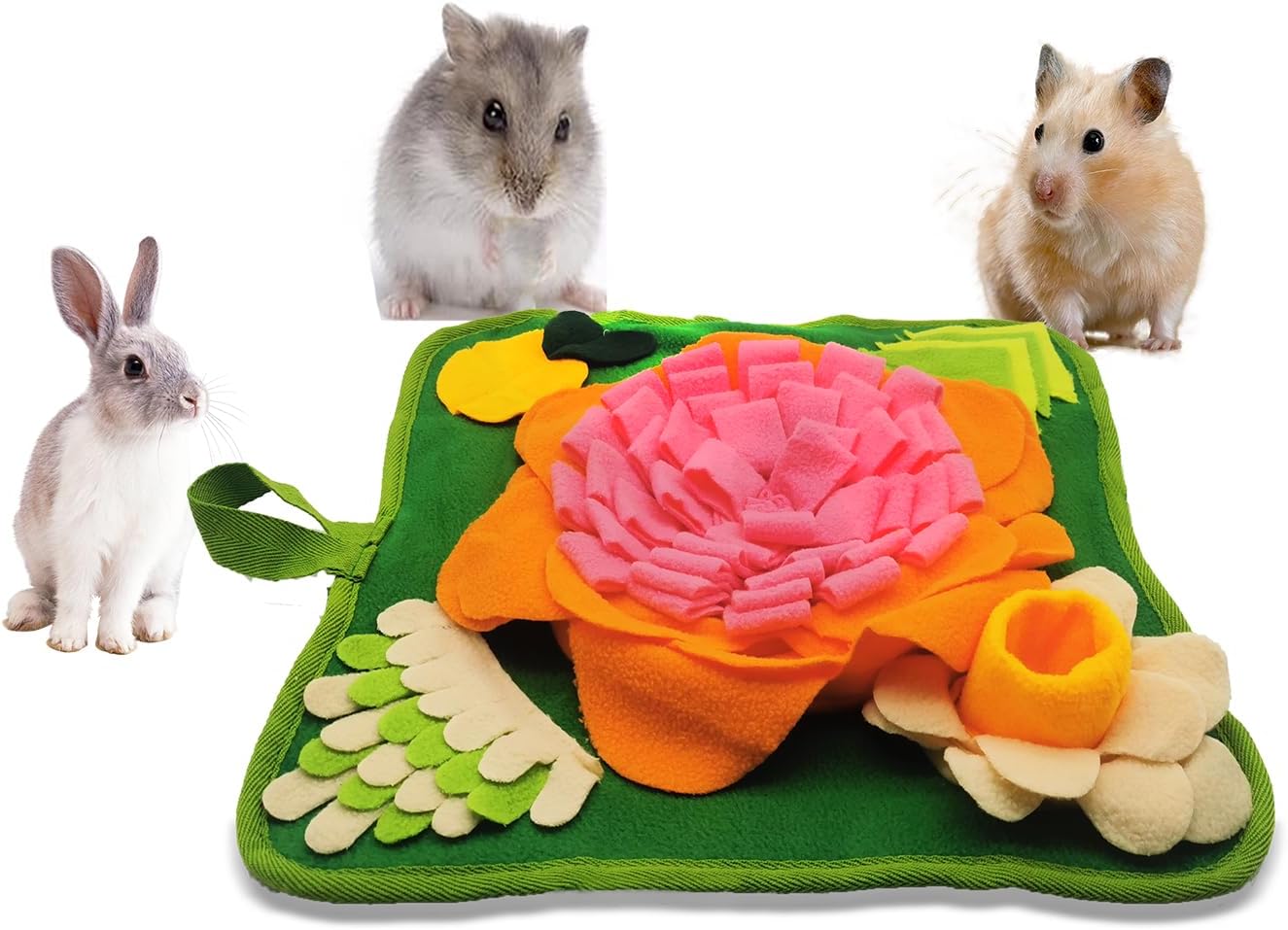 Rabbit Foraging Mat，Bunny Snuffle Mat for Hamsters Puzzle Toys Ferrets Interactive Feeding Mat for Guinea Pigs Hedgehog Chinchillas Small Animals Stress Relief (Orange Pink)