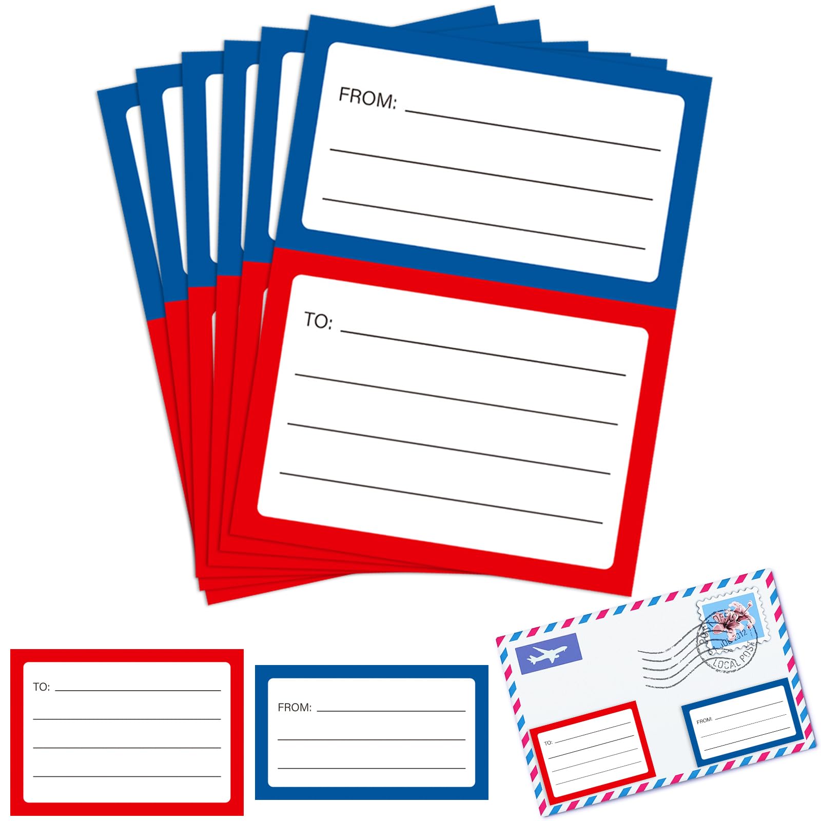 200 etiquetas de dirección, 3.5 x 4.5 pulgadas, rojo y azul a/desde dirección, etiquetas autoadhesivas en blanco para direcciones de escritura, etiquetas adhesivas para cajas de correo, sobres,