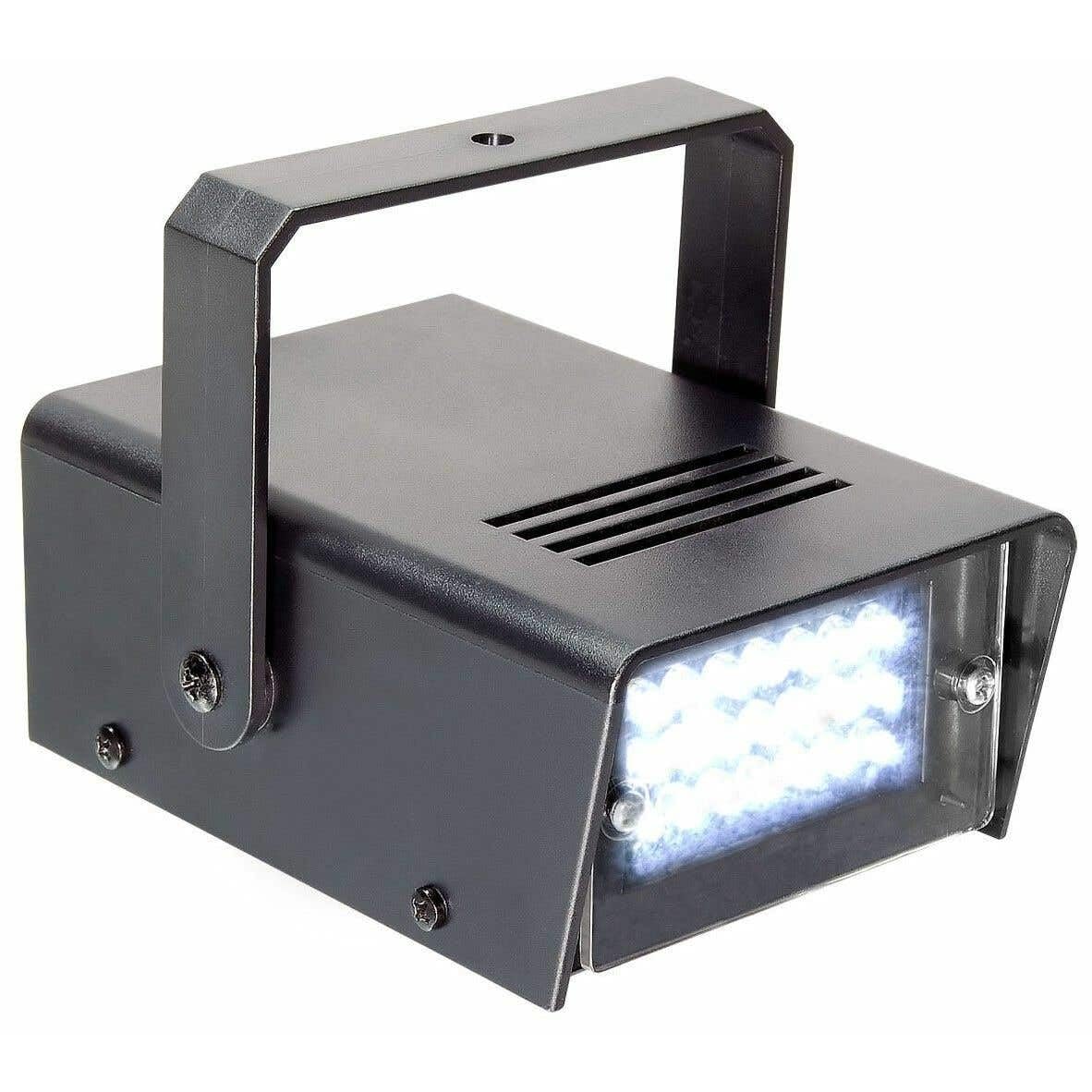 BeamZ Mini Estrobo led 10W con 24 leds de 5 mm blancos de alta intensidad, ajuste de velocidad, carcasa negra, accesorio tipo discoteca sin controlador externo, perfecto para pequeñas fiestas.
