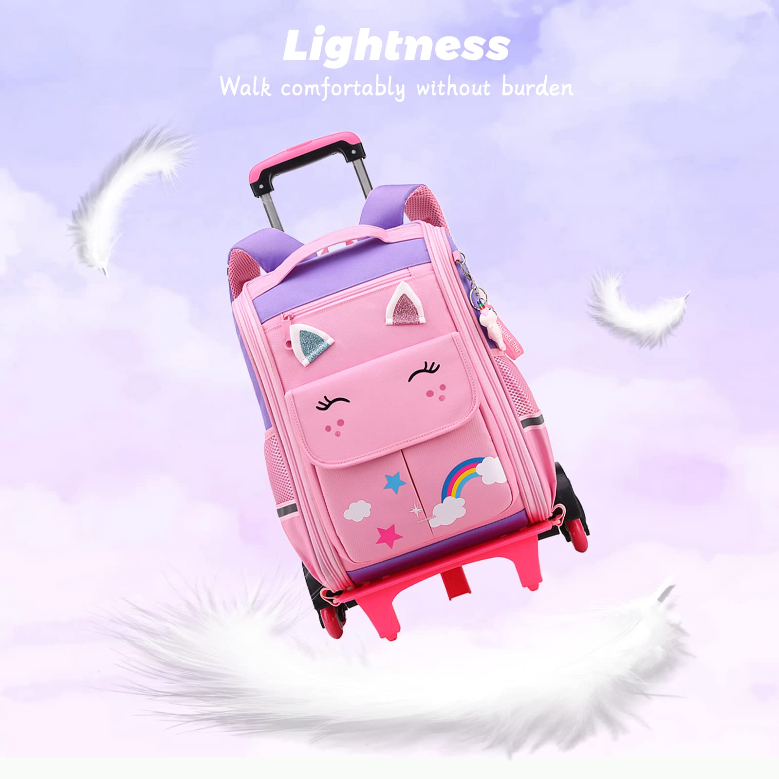 Tanou Cartable a Roulette Fille, 16 Pouces Légers Sac a Roulette Fille Primaire, Détachable Cartable Roulettes Enfant pour Voyages Scolaires, 4-9 Ans, Violet Rose