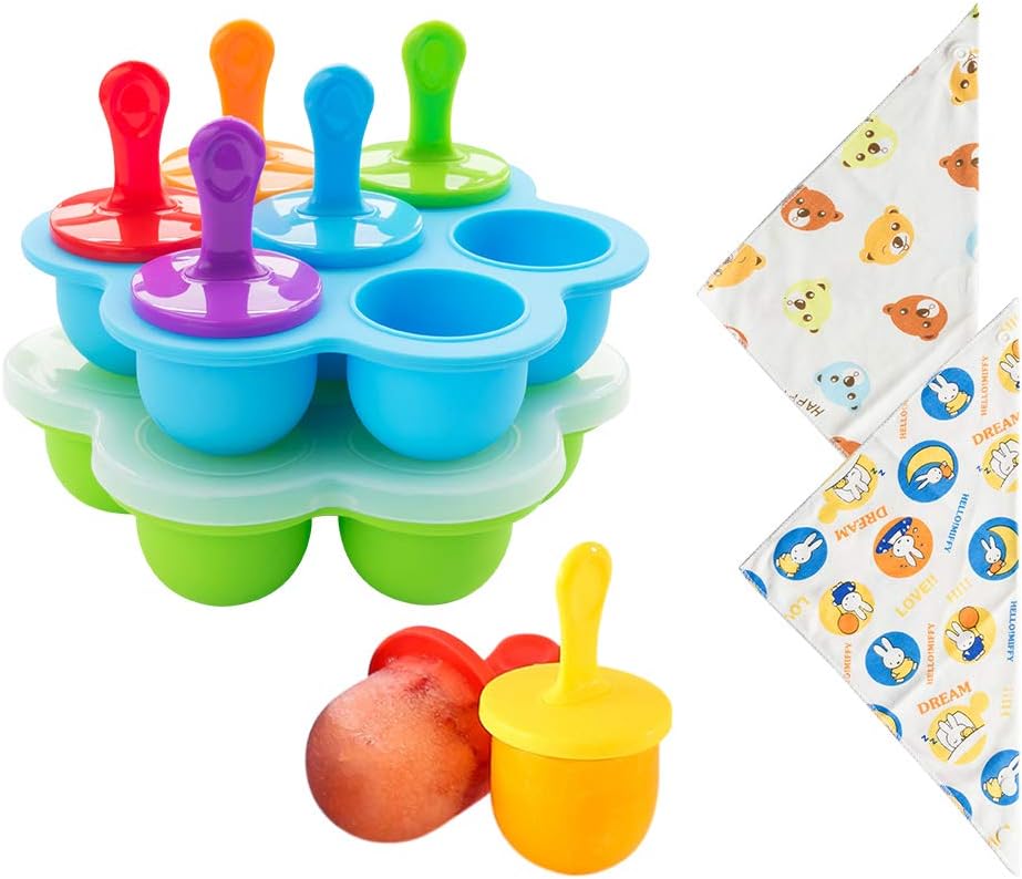 2-Pack Silicone Ice Popsicle Pop Molds, 7-Hole Egg Bites Molds, Non-Stick Ice Pop Maker, Food Grade Baby Food Storage Freezer Trays with 7 colorful BPA-Free Plastic Sticks