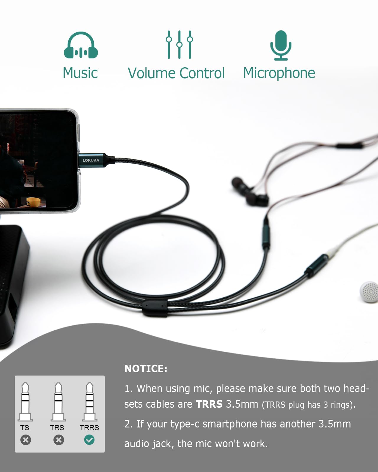 Divisor de auriculares USB C a doble de 3.5 mm (4 pies) tipo C a AUX TRRS adaptador de audio con chip DAC de alta resolución, para smartphone USB-C, laptop, almohadilla a dos auriculares