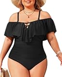 Women Plus Size One Piece Swimsuits Tummy Control Ruffle Off Shoulder Bathing Suits