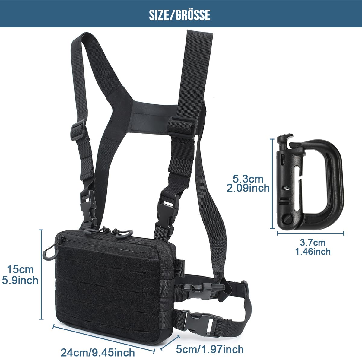 MUCHER Klatka piersiowa Rig Pack Taktyczna torba na klatkę piersiową dla mężczyzn do biegania Radio Walkie Torba na klatkę piersiową z 3 haczykami na zewnątrz Piesze wycieczki Polowanie Camping