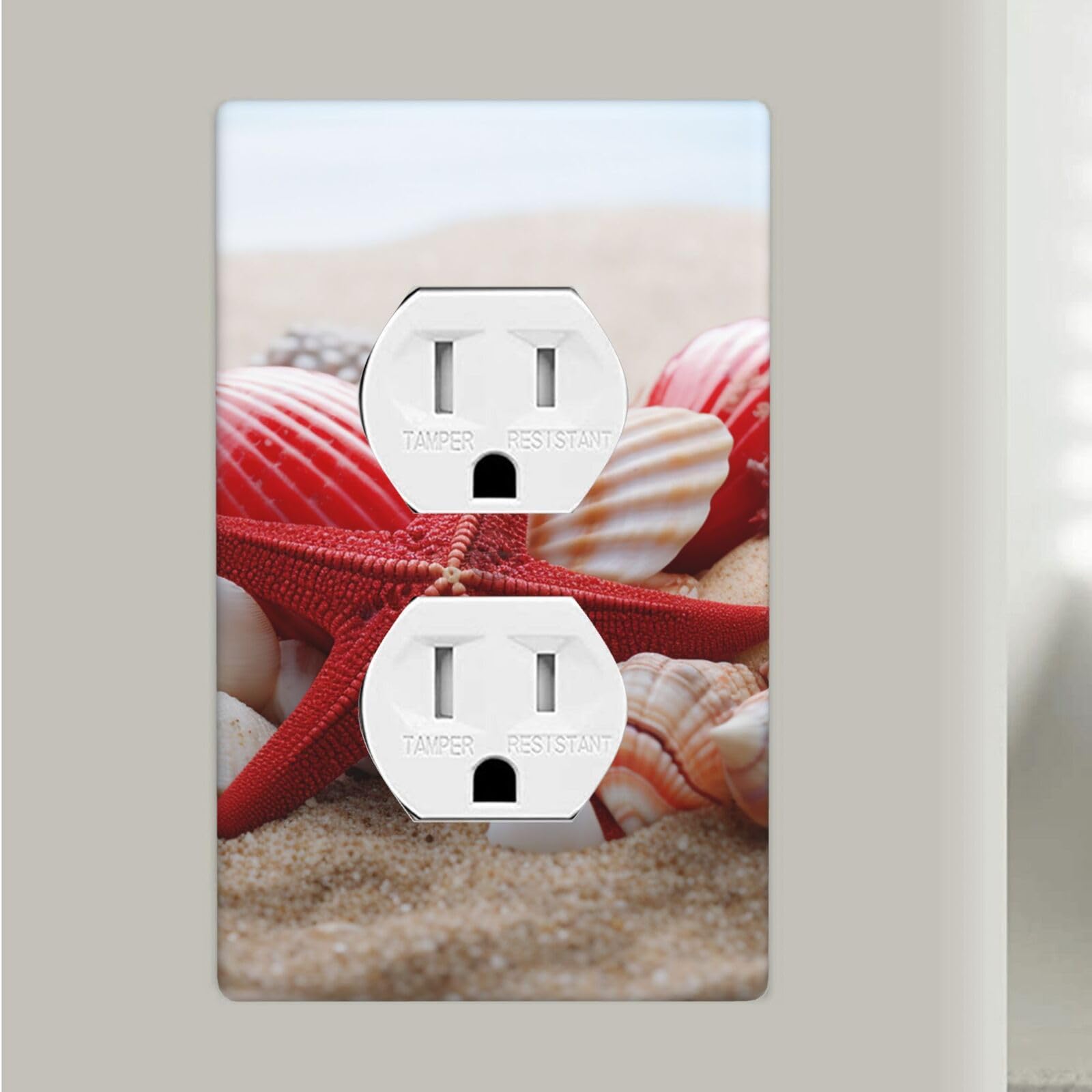 Red Starfish Seashells Duplex Receptacle Outlet Covers, 1-Gang Standard Size Wall Plates Unbreakable Polycarbonate Electrical Switchplate Cover Faceplate for Bathroom Kitchen Decor