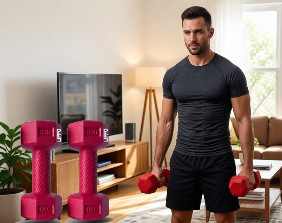 Image of Liffo Dumbbell 1Kg Pair Hexa PVC Dumbbells Set For Home Gym, Exercise & Fitness Dumbbell (Red) Fixed Weight Dumbbell Home And Gym Use (1Kg X 2PCS)