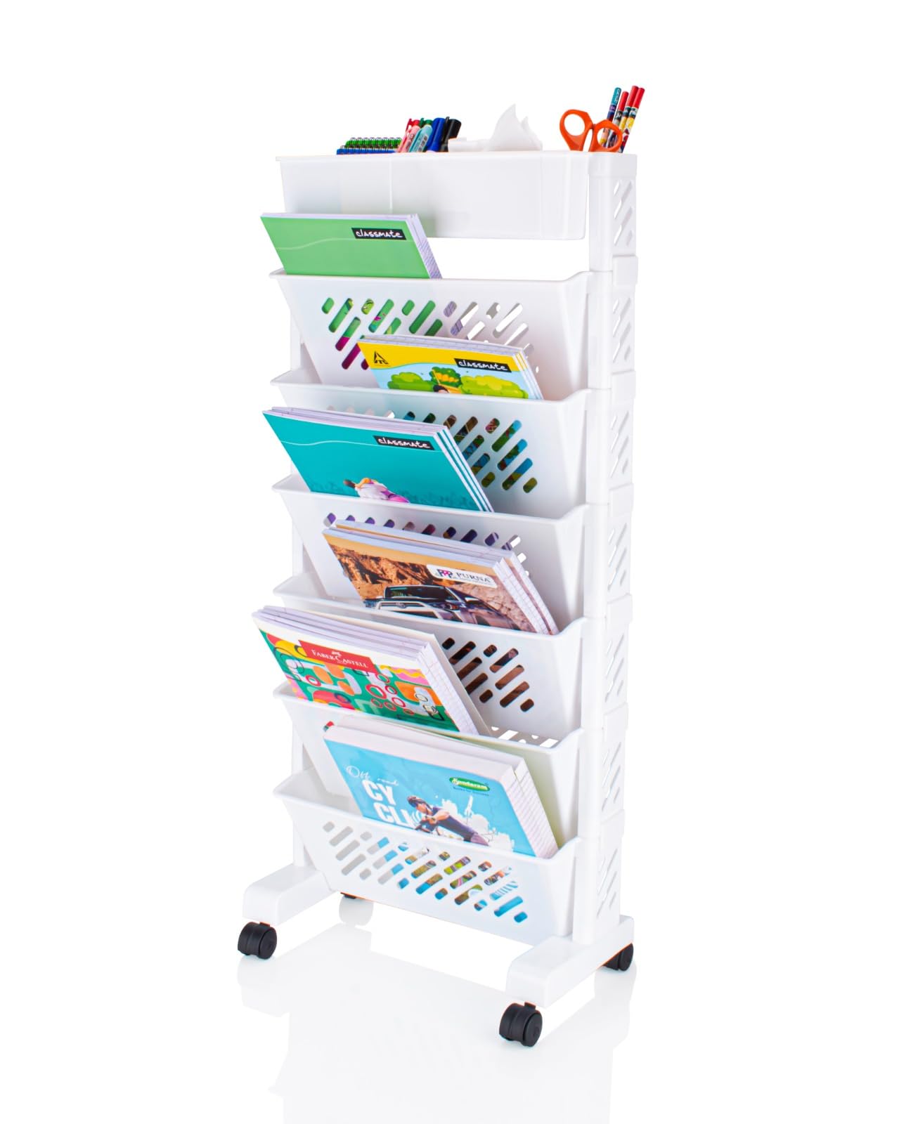 AVZEEGO Movable Bookshelf,Large Capacity Rotatable Plastic Rolling Organization Shelf,Utility Movable Book Rack for Kids Children Students Study in Bedroom Home School (6XL)