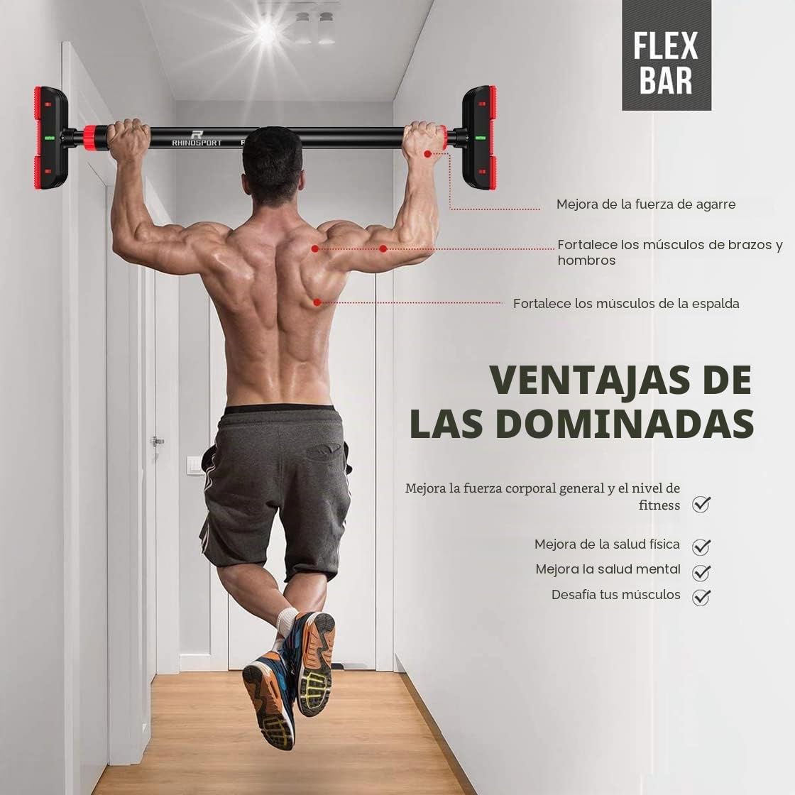 RHINOSPORT Barra de dominadas brazo y entrenador abdominal, acero estable, barra de puerta para dominadas, bastón de puerta para puertas de 69 a 92 cm (27,1 en 36,2 pulgadas), NO SCREW