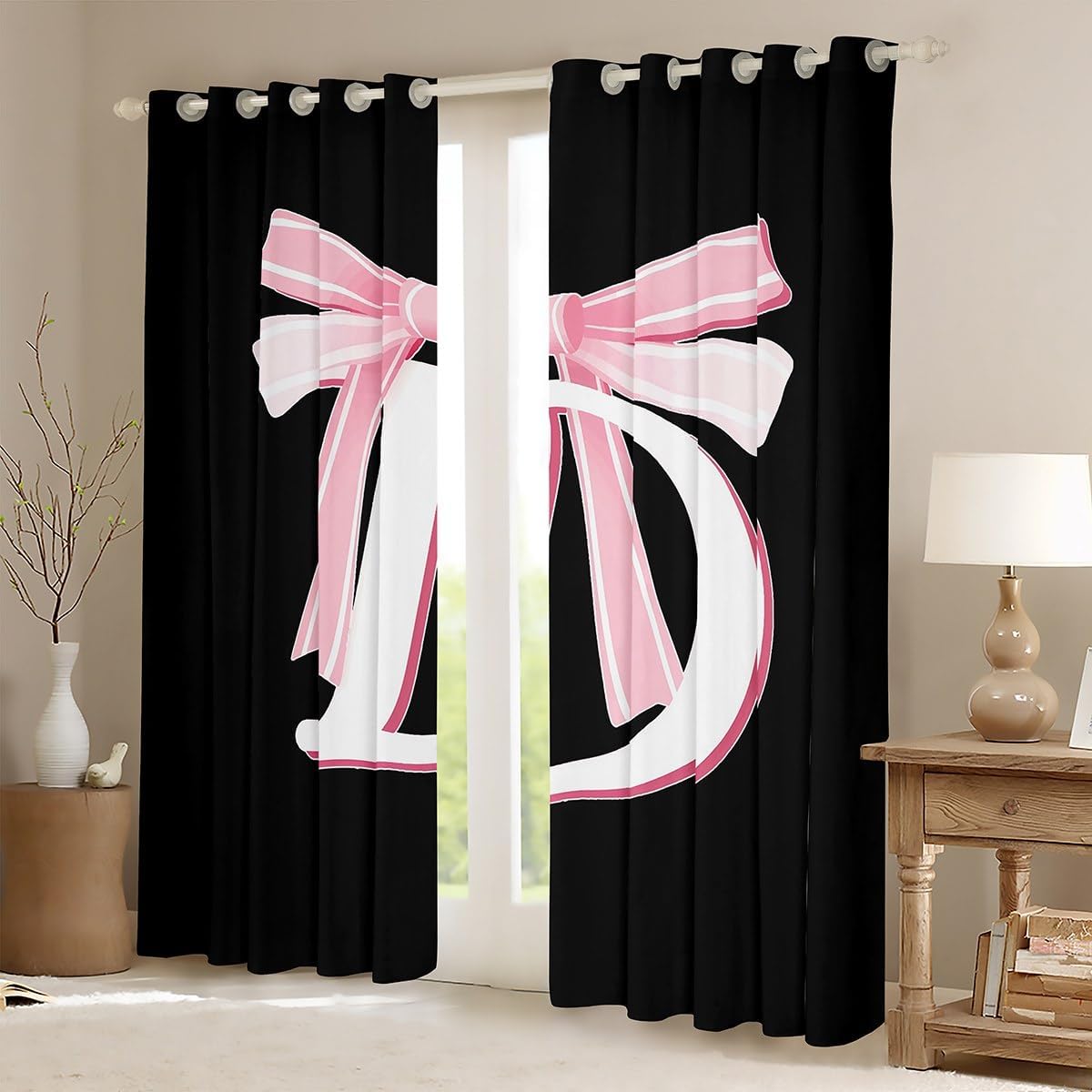 jejeloiu Kids Girls Black Pink Bow Curtain (2 Panels,38 x 45 Inch) Monogrammed Window Drapes Personalized Initial D Blackout Shades Fashion Room Darkening Curtain Bowknot Window Treatments