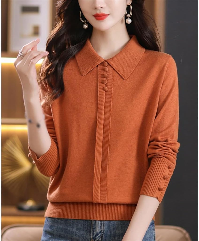 Long Sleeved Knitted Top with Sweater On for Women's Autumn Wear Lapel for Mother's Bottom