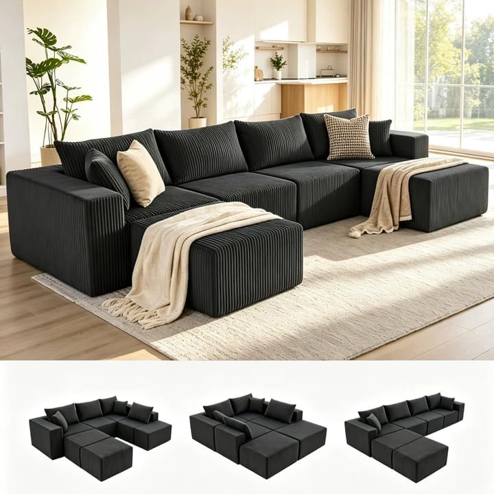 135.4” U-Shaped Boneless Sectional Sofa – Cloud Couch with Deep Corduroy Seats | Modular 6-Seat Living Room Set, No Assembly Required — Zaynora Luxury Marketplace