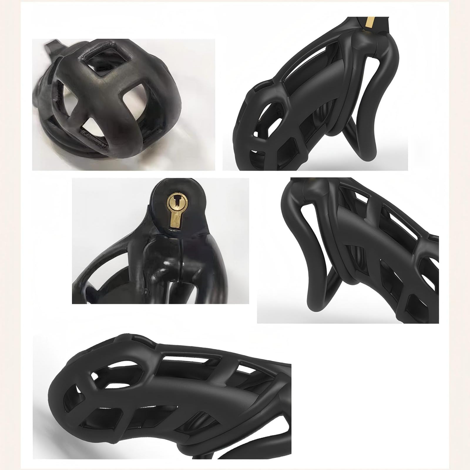 Chastity Cage Jouet Adulte Cage de Chasteté pour Pénis avec 4 Anneaux Courbés Différents Cage Chastetée en Résine Légère avec Ceinture et Serrure Cachée pour le Bndage du Pénis de l'Homme