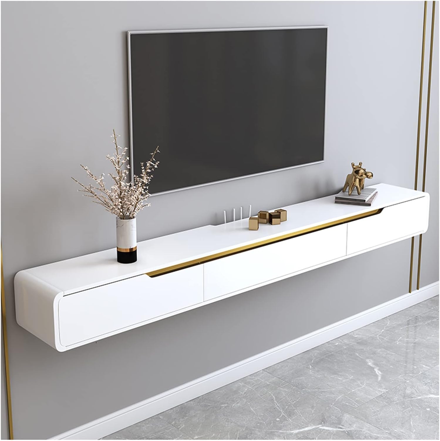 Pływająca Szafka Pod Telewizor, ścienna Konsola Multimedialna Szafka Pod Telewizor, Salon Duża Szafka Do Przechowywania Z Drzwiami 3 Szuflady, White, 120cm