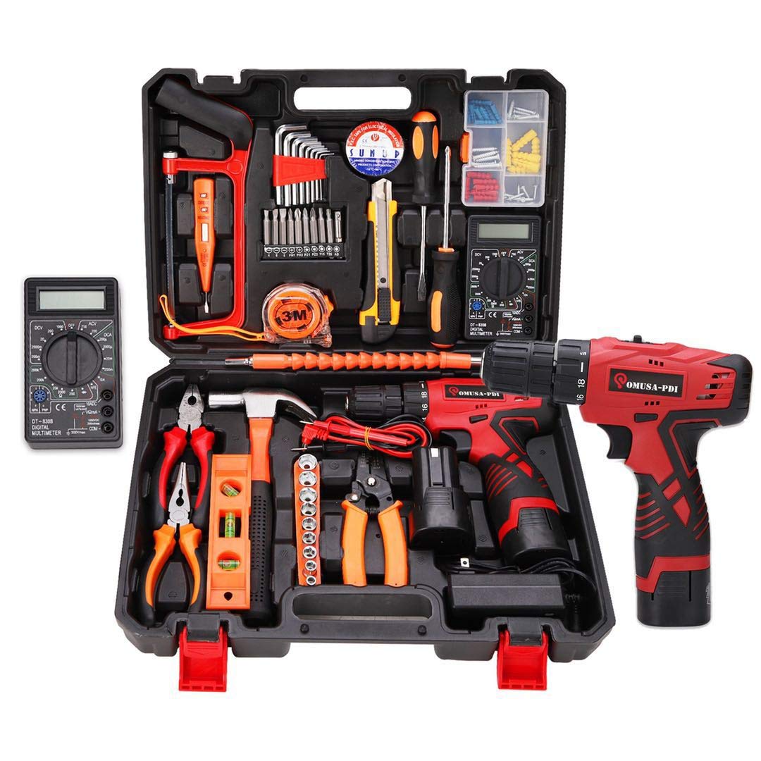 Cordless Hammer Drill Tool Kit, 92Pcs Household Power Tools Drill Set with 16.8V Lithium Driver Claw Hammer Wrenches Pliers DIY Accessories Tool Kit (Multimeter included)