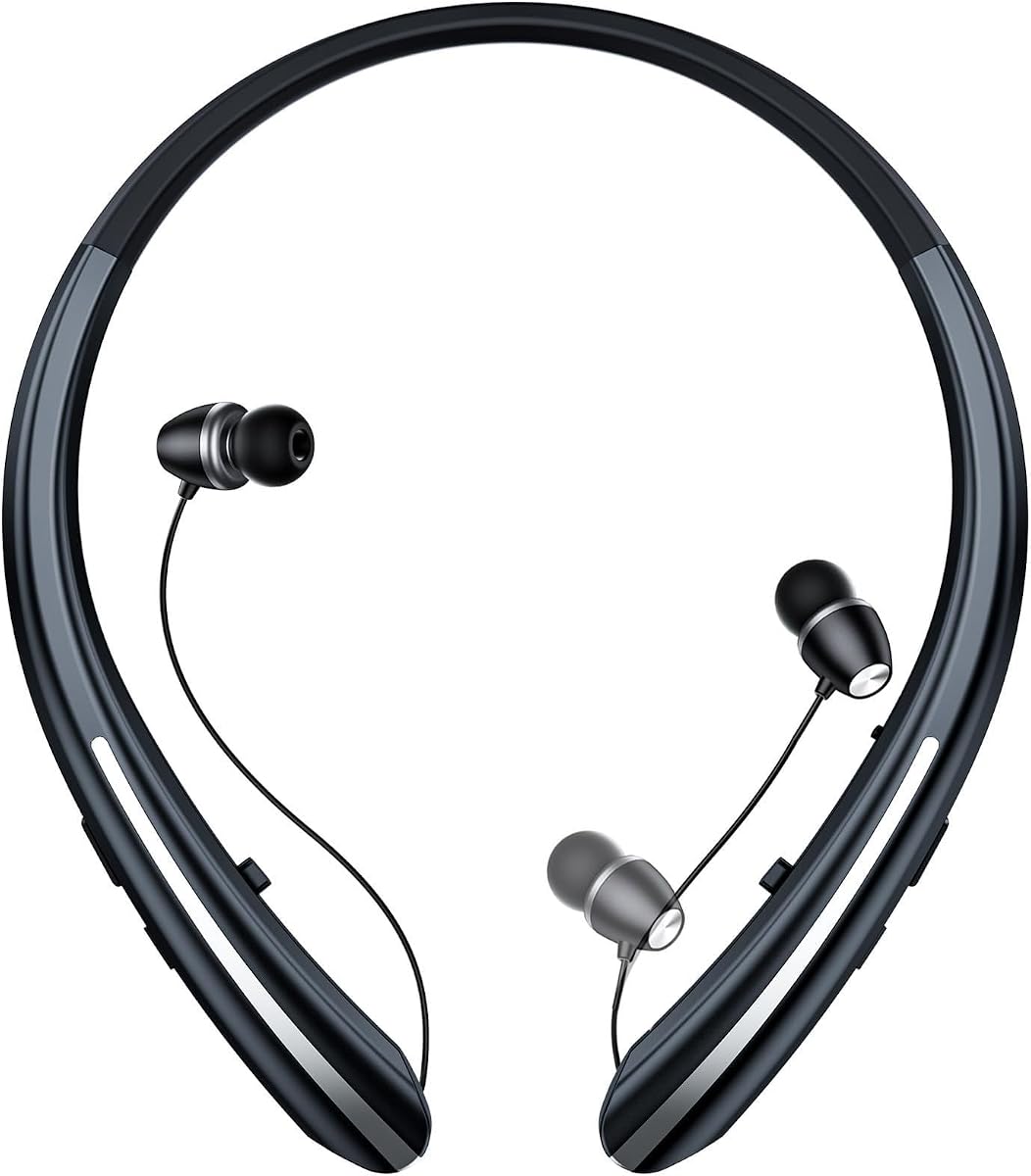 Auriculares Bluetooth con banda para el cuello, batería de 24 horas con auriculares internos autoretráctiles, sonido estéreo de alta fidelidad y cancelación activa de ruido híbrida para deportes, gimnasio, correr, hacer ejercicio, llamadas con manos libres