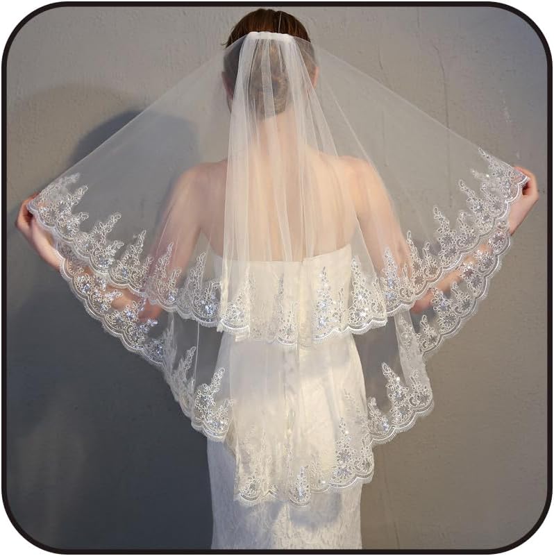 Sequins Lace Wedding Veil Fingertip Length Bridal Veils for Brides 2 Tier Short Veil with Comb Sparkle Veils