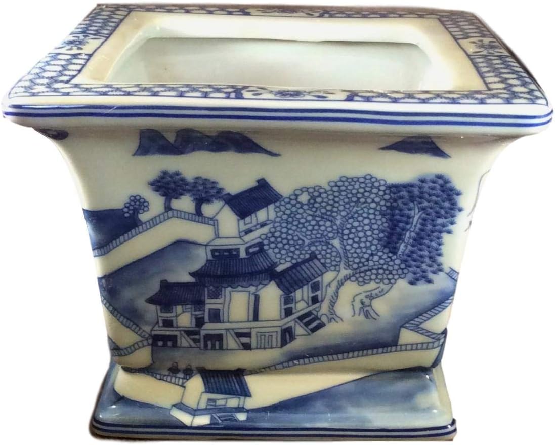 Asian Caravan Blue and White Chinese Porcelain Square Planter