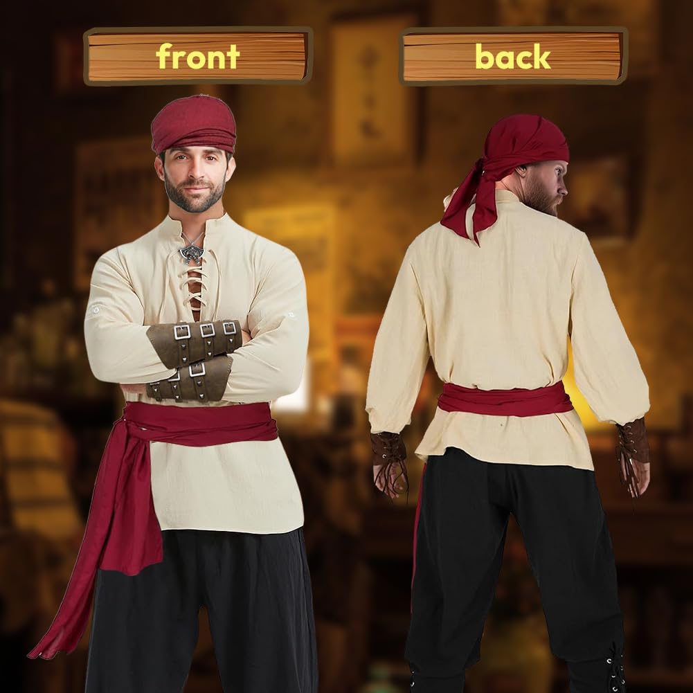 Piratenkostüm Herren 7 Stück Mittelalter Kleidung Herren Set, Herren Renaissance Kostüm Set mit Mittelalter Hose Herren Mittelalter Hemd Viking Piraten Kopftuch Gürtel Handgelenkgurt Axt-Halskette