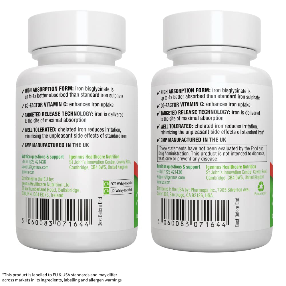 Iron Bisglycinate 20mg with Vitamin C, Gentle Iron, Enhanced Absorption