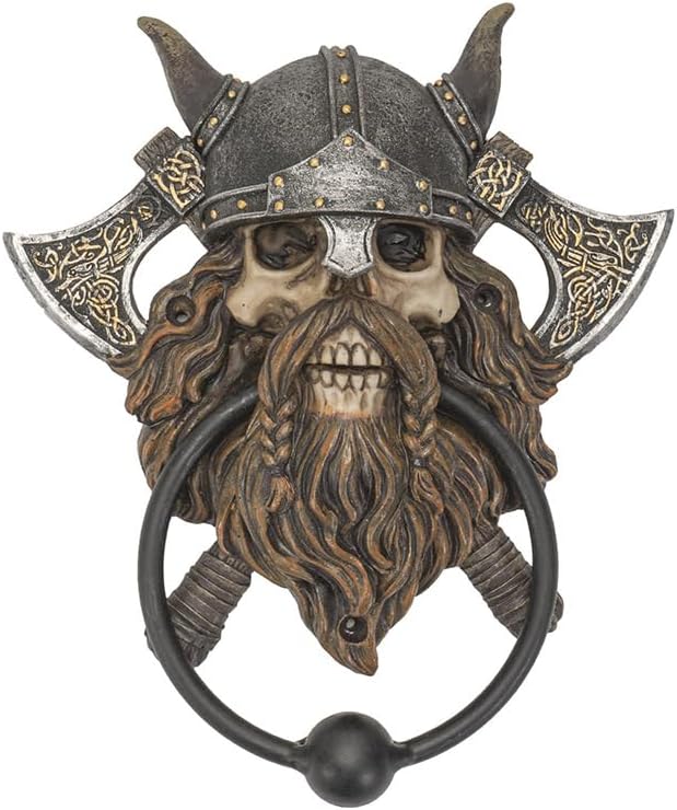 Pacific Giftware Skull Viking Door Knocker Medieval Norse Warrior Design with Battle Axes Decorative Cast Iron Door Hardware Polyresin Home Decor 7.25"H