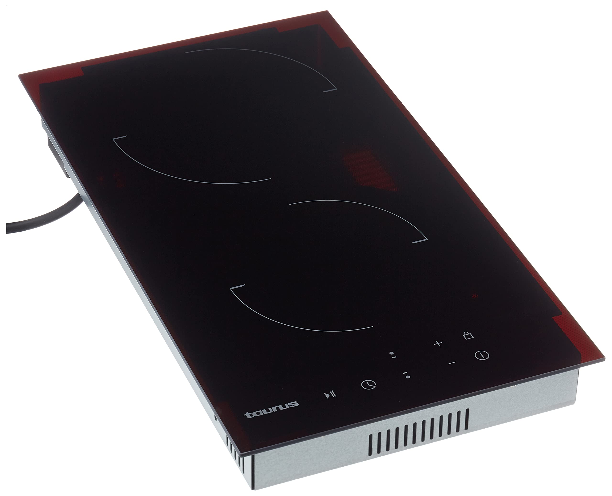Taurus V302T - Placa vitrocerámica, 3000W, 2 zonas de calentamiento, 9 niveles de potencia, control táctil, temporizador hasta 99 min, función Stop&Go, bloqueo infantil, negro