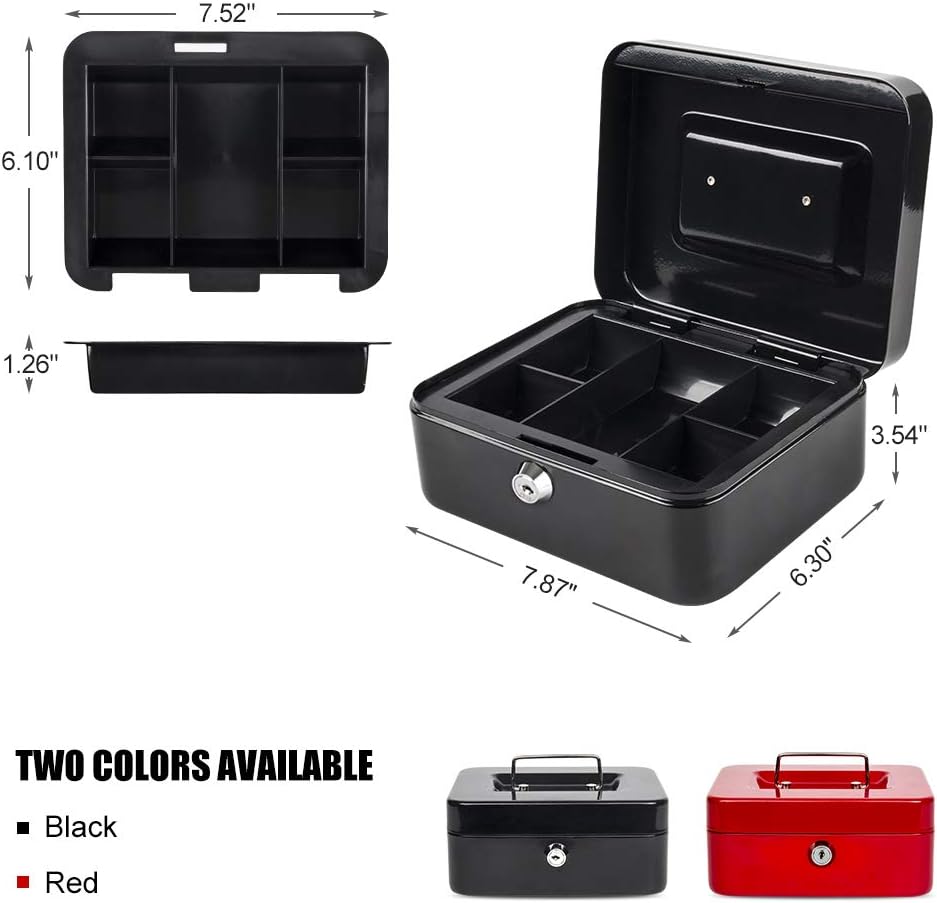 KYODOLED Medium Cash Box with Money Tray,Small Safe Lock Box with Key,Cash Drawer,7.87"x 6.30"x 3.54" Black Medium : Health & Household