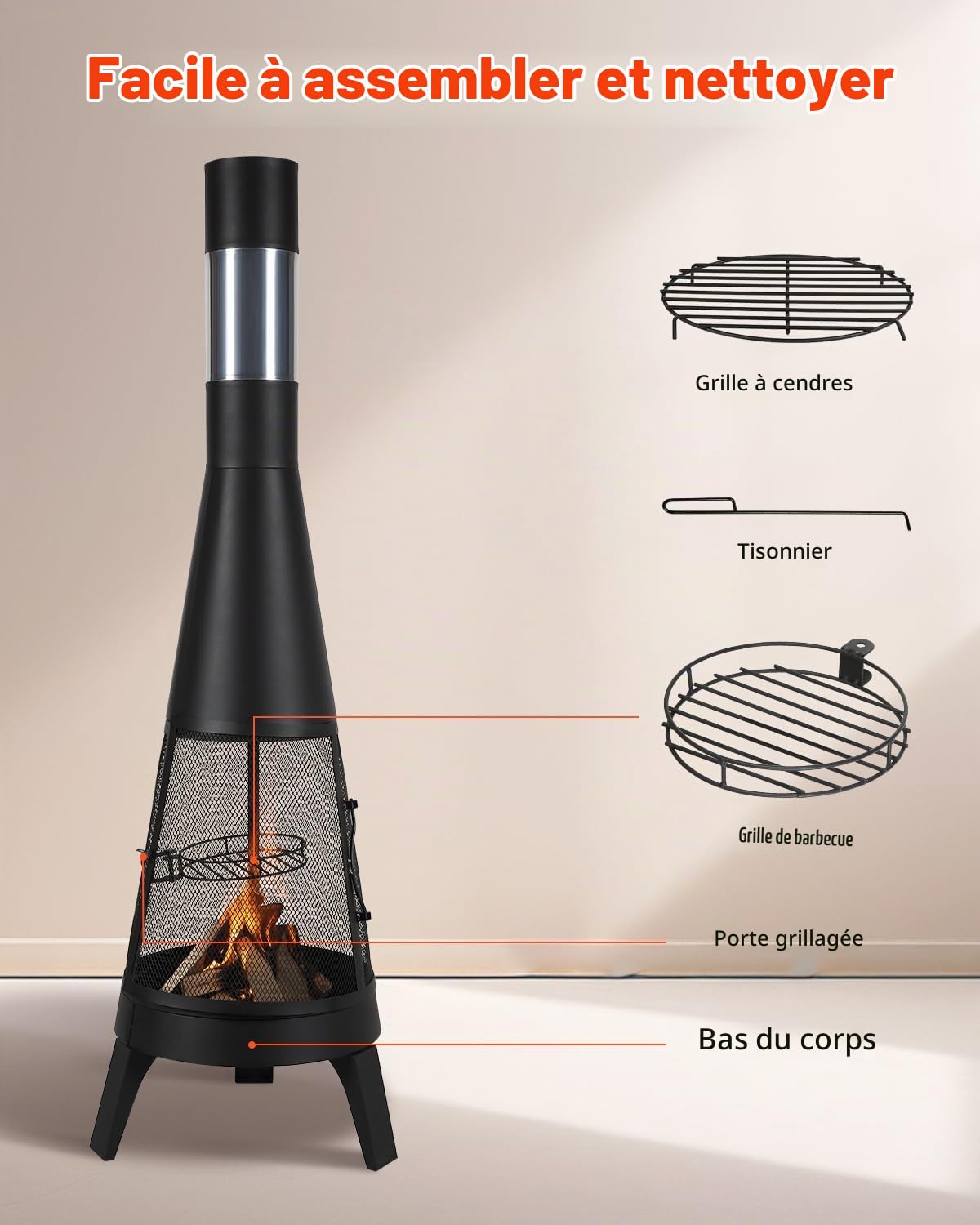 VEVOR Cheminée Extérieur, 508 mm, Poêle à Bois Conique Robuste pour Barbecue et Réchauffer, avec Grille, Couvercle de Cheminée Antirouille, pour Patio, Jardin, Arrière-Cour, Cuisson en Plein Air