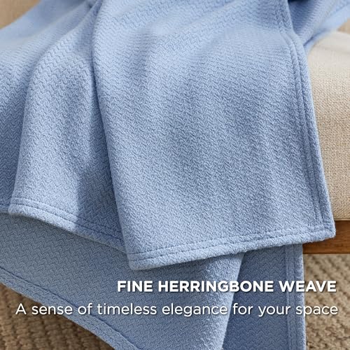 Image of Bedsure 100% Cotton Blanket, Herringbone Weave, Queen Size, Ashley Blue