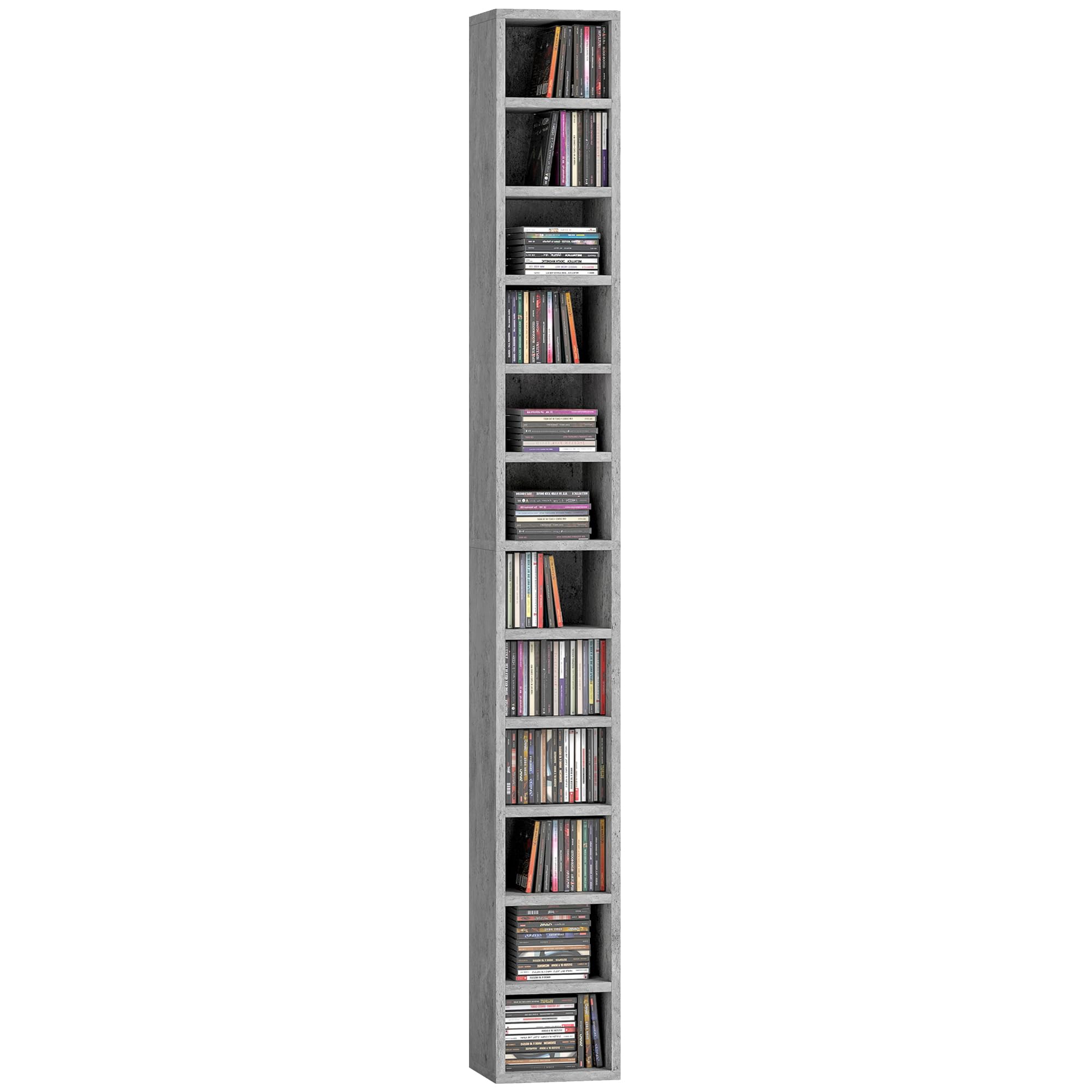 HOMCOM CD-Möbel mit 12 Ebenen, Regal für 204 CDs, platzsparend, für Wohnzimmer, Schlafzimmer, Büro, 21 x 20 x 175 cm, Zementgrau