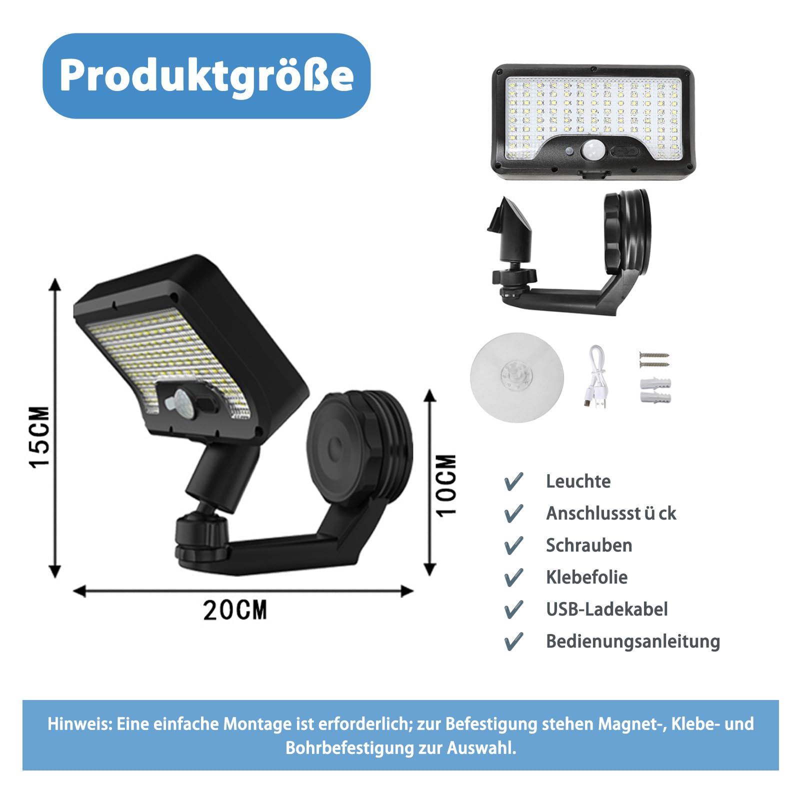 Justup 2 luci solari magnetiche per esterni, con sensore alimentate tramite USB, con supporto girevole a 360° e 3 modalità, luci solari da giardino, per recinzioni, campeggio, giardini