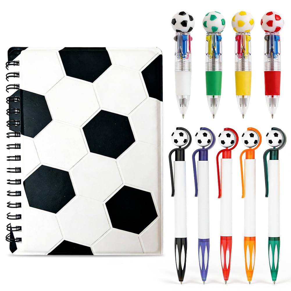 A6 Football Notebook with 9 Ballpoint Pens Including 5 Color Retractable Pen & 4 Sport 4-in-1 Football Pen, Lined Soccer Pattern Notepad Writing Stationery Gift Set for Girls Boys Students (Lined)