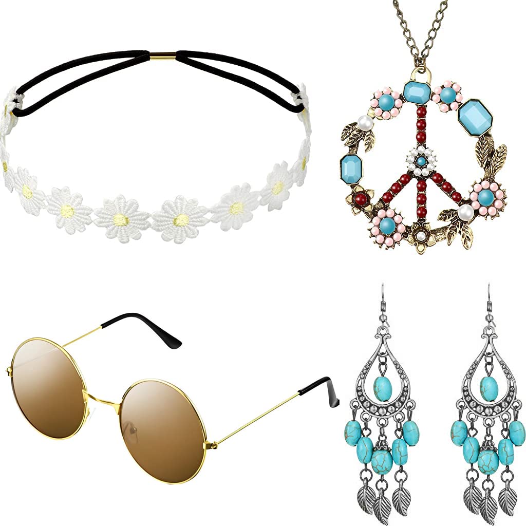 PALAY® Hippie Costume Set Include Sunglasses, Daisy Headband, Turquoise Style Peace Sign Necklace and Earring, Fashion Jewelry Set for Christmas Music Festival Costume Accessories