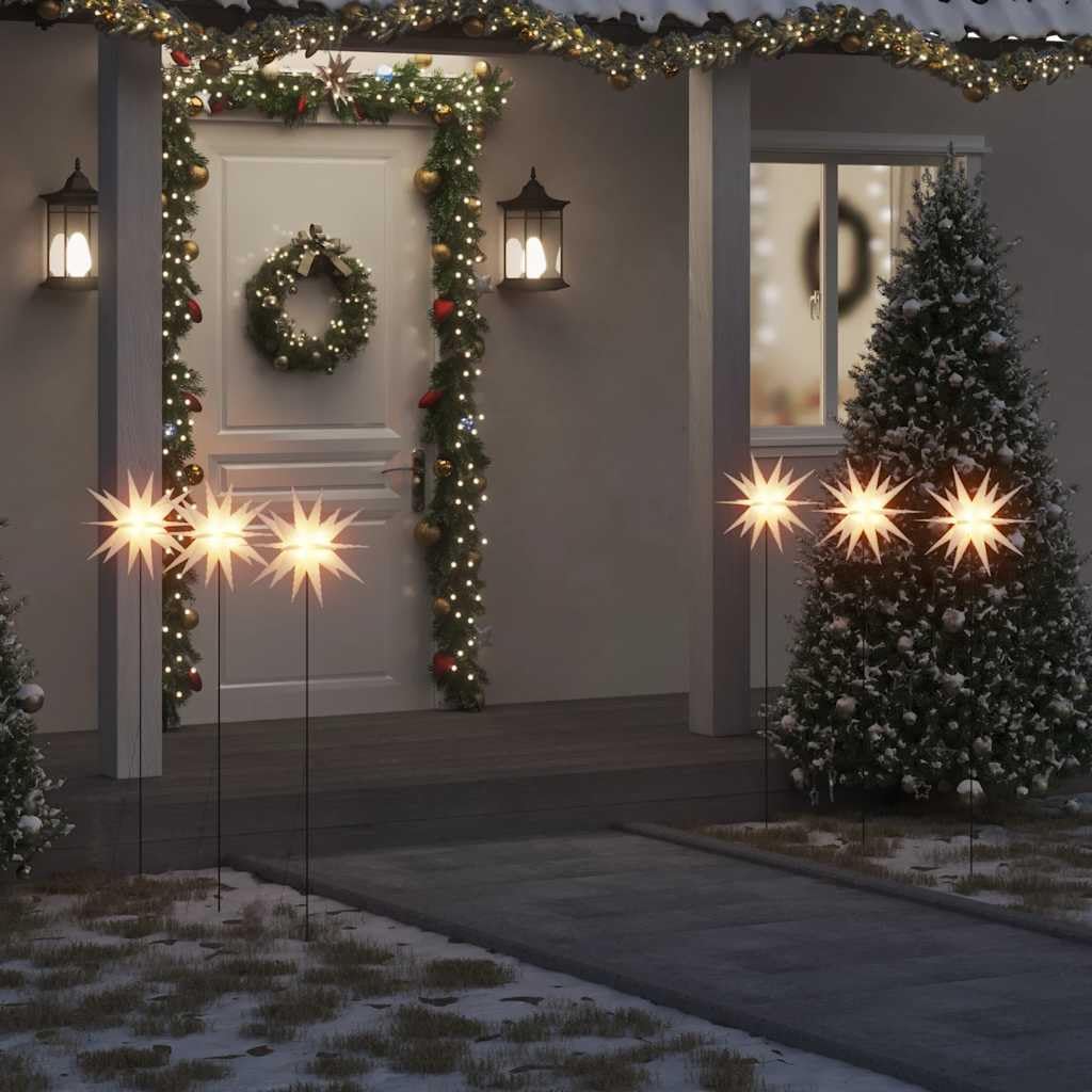 LED-Weihnachtssterne 3 Stück mit Erdspießen, Faltbar Weiß 35 cm, Timer Funktion, Wasserdicht IP44, Warmweißes Licht für Innen und Außen, Weihnachtsbeleuchtung für Garten Balkon Terrasse