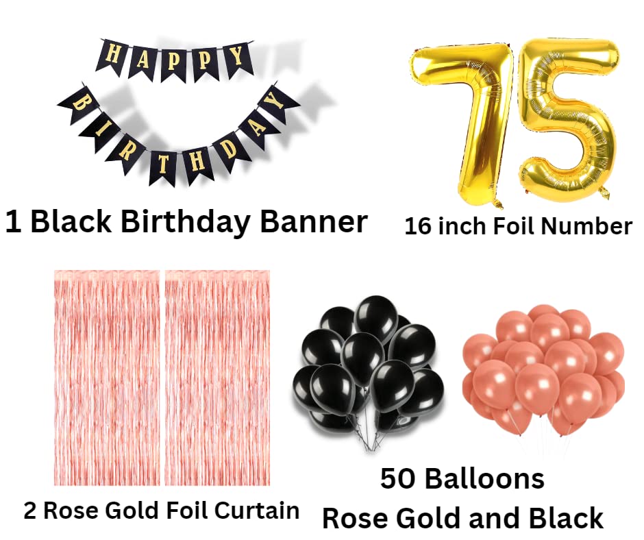 Image of 75th Birthday Decoration items for Girls with Black and Rose Gold Balloons, Black Happy Birthday Banner, Rose Gold Foil Curtain, Foil Balloon number 75
