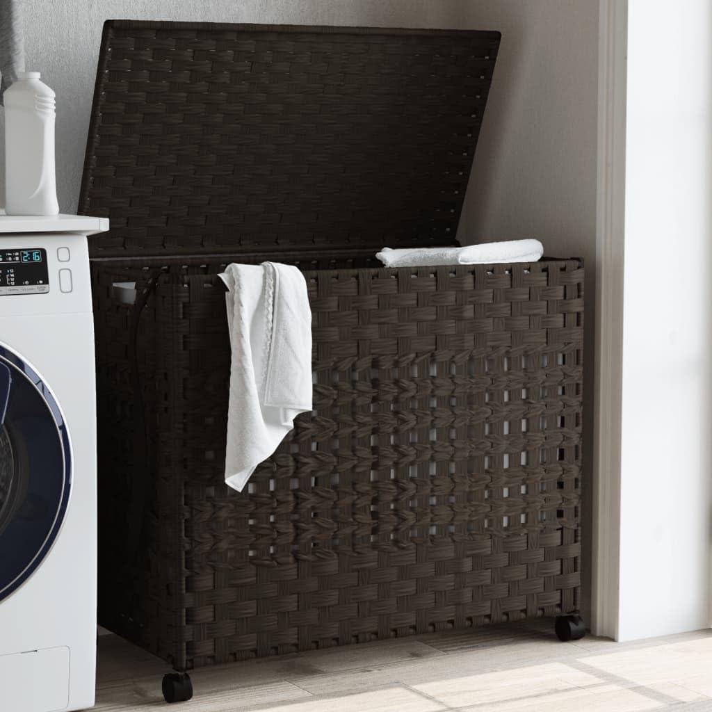 Rattan Wäschekorb Mit Rollen Dunkelbraun 66x35x60 cm