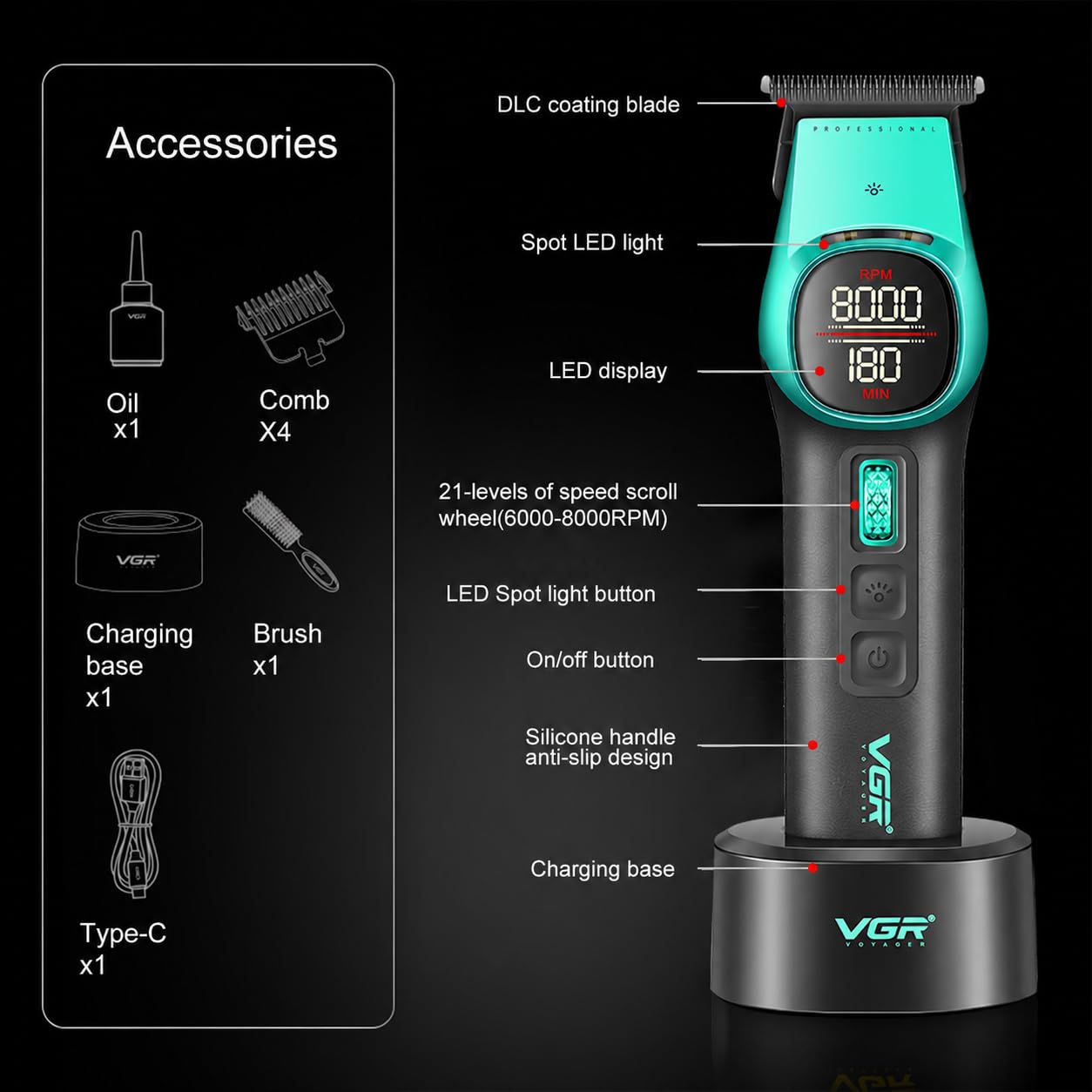 VGR 885T - Rasoio per capelli da uomo, T-Blade, display a LED, 180-220 min | Spot luce LED, 6000-8000 giri/min, velocità 21 livelli, batteria 2000mAh, manico in silicone design antiscivolo