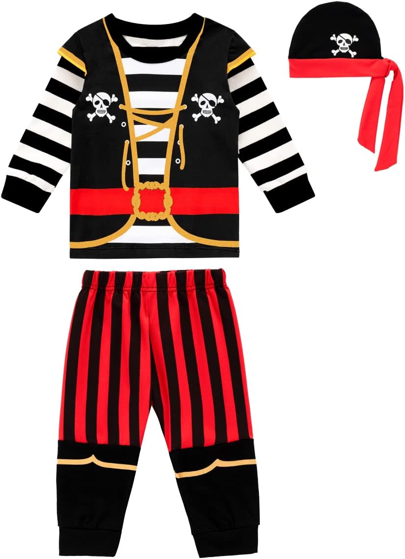 Fantasy Era 3Pc Toddler Boys Outfits Halloween Pirate Striped Trousers Kids Long sleeved Clothes with Hat(Red,3T)