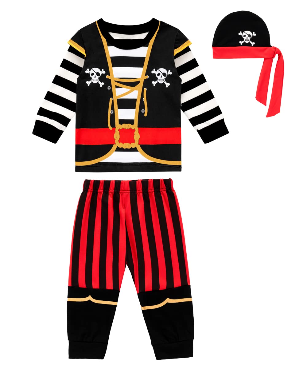 Fantasy Era 3Pc Toddler Boys Outfits Halloween Pirate Striped Trousers Kids Long sleeved Clothes with Hat(Red，3T)