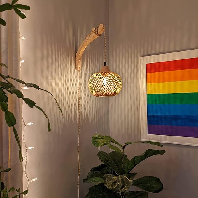 Liyabber Houten Binnen Wandlamp, Vintage Wandlamp met Stekker en Schakelaar, E27 Retro Bamboe Lantaarn, Rotan Nachtkastlamp Voor Slaapkamer, Woonkamer (Zonder Gloeilamp) photo 2