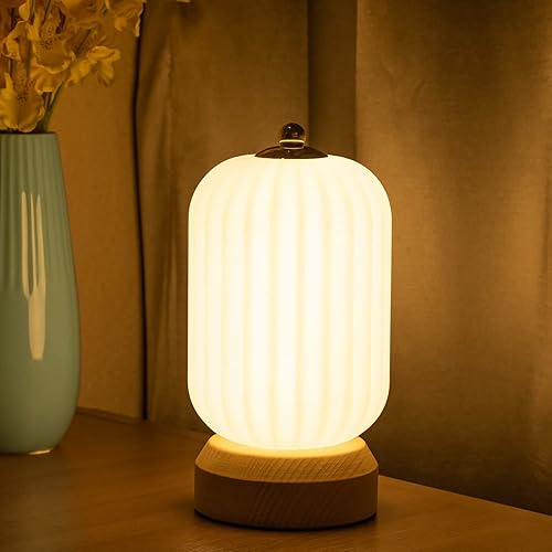 YIEONSHION Small Table Lamp for Bedroom Bedside Lamps for Nightstand Minimalist Solid Wood Desk lamp for Kids Room Living, 5 Level Dimmable Light & 3 Color Changing Unique Night Light