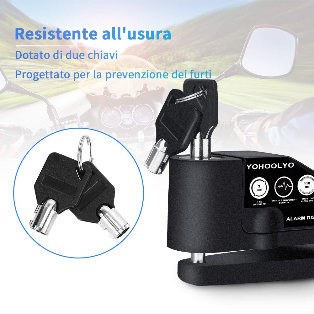 YOHOOLYO Bloccadisco Antifurto Impermeabile Allarme Sonoro 110DB per Moto Scooter Accessori con 2 Chiavi Cavo 1,5m Borsa