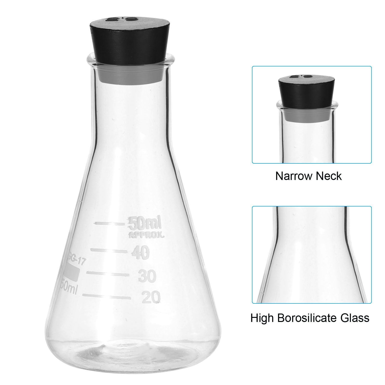 PATIKIL Matraccio Erlenmeyer, 12 Pezzi 50ml 1.7oz Bocca Stretta Matracci Graduati Con Tappo In Gomma Matracci In Vetro Borosilicato Con misura Stampata Per Esperimenti Di Chimica Studio