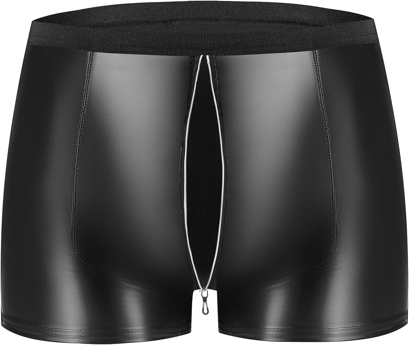 Men's Soft Matte Leather Boxer Sexy Zipper Crotchless Underwear Elastic Waistband Shiny Underpants
