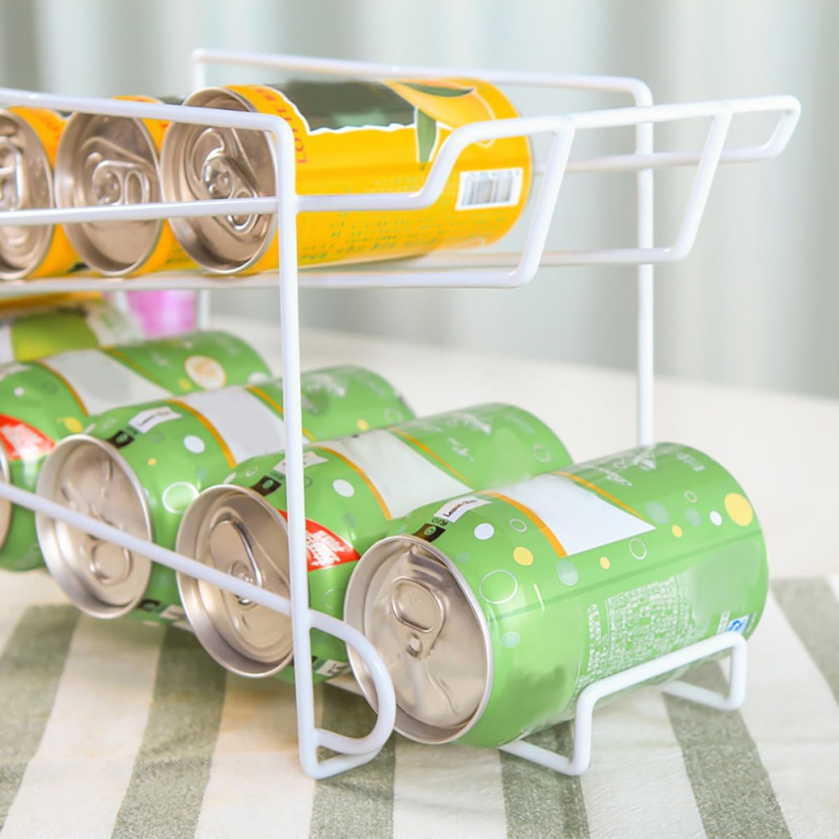 FRCOLOR Automatic Iron Can Storage Rack White Refrigerator Organizer for Soda and Beer Cans Self-covering Function, Space-saving Kitchen Beverage Dispenser for Home Use