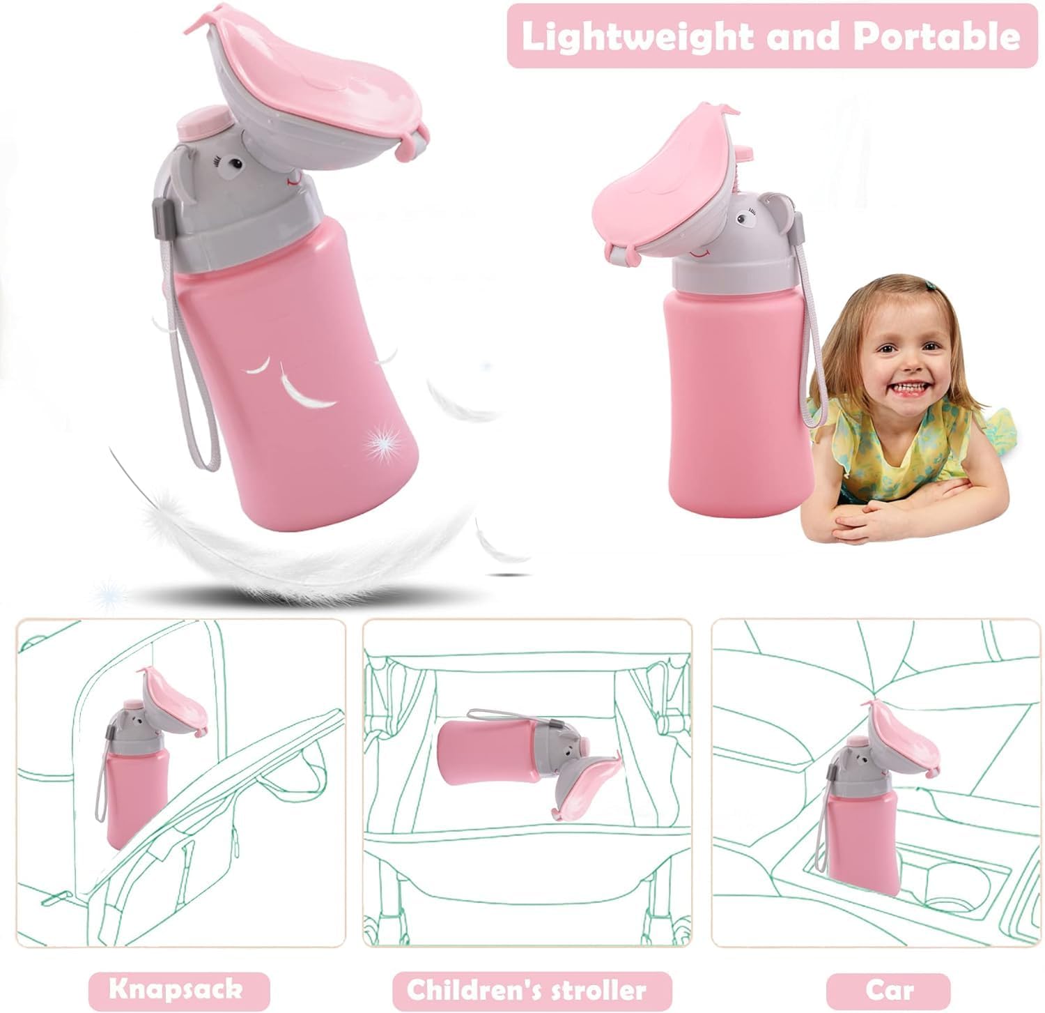 ToYooZe Portable Elephant Urinal Bottle for Kids, Pink Leakproof Travel Pee Bottle for Boys & Girls, Cute Elephant Design Emergency Potty 1